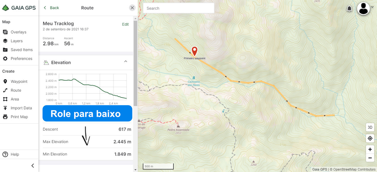 Exportando arquivo GPX no site do Gaia