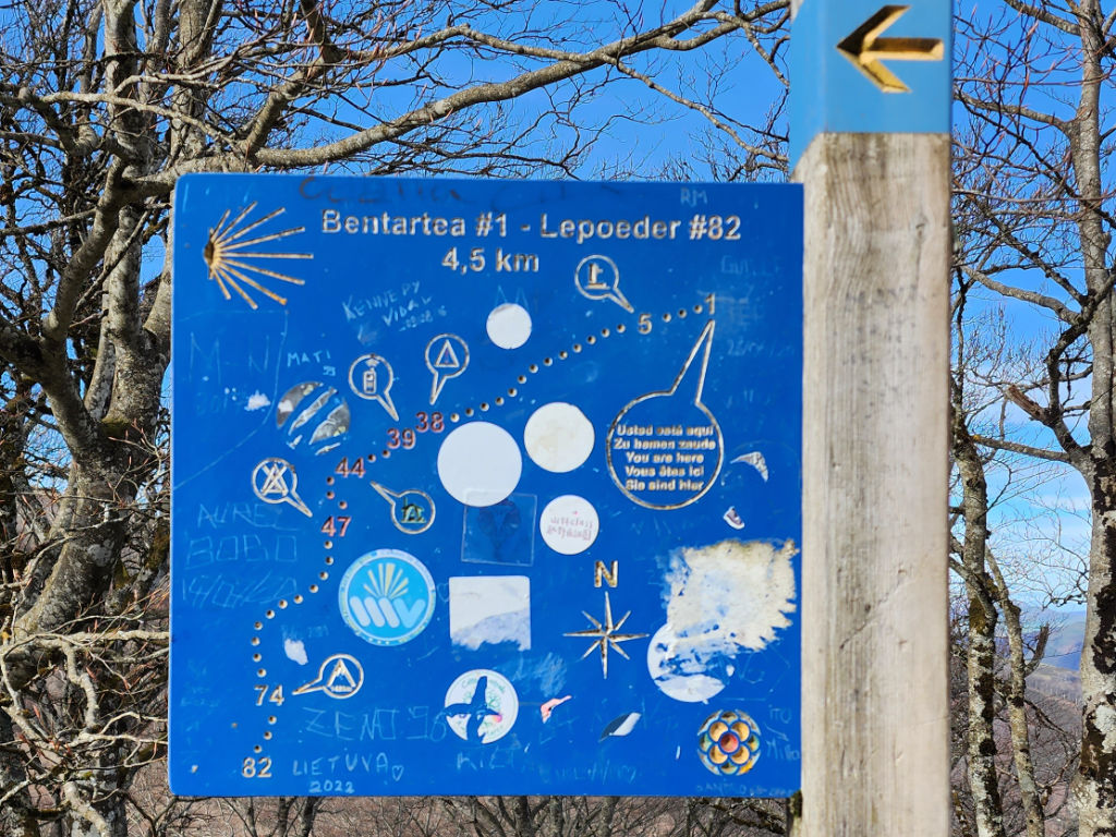 Adesivos em placas de sinalização do Caminho de Santiago de Compostela