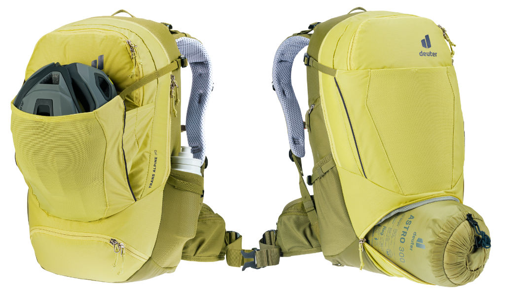 Mochila Deuter Trans Alpine 2024 - detalhe porta capacete e divisão do compartimento principal