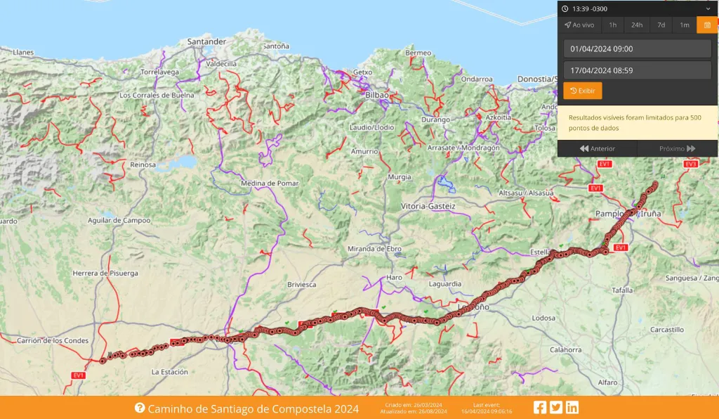 Mapa do caminho Francês de Santiago de Compostela no SPOT