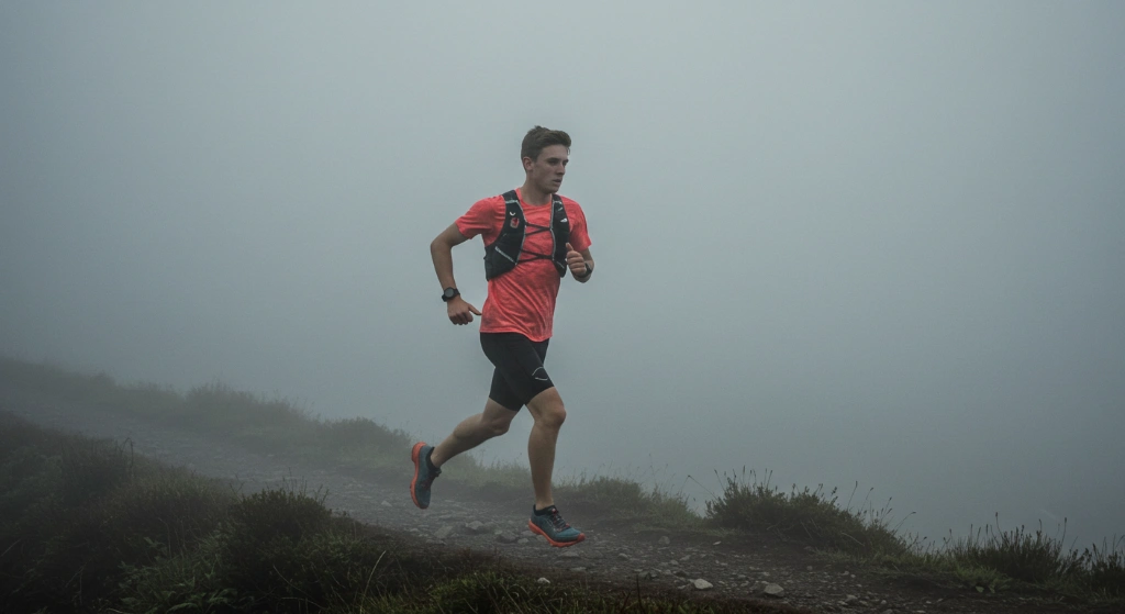 Trail runner correndo na montanha com neblina