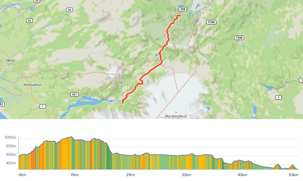 Mapa e altimetria da trilha Lugavegur